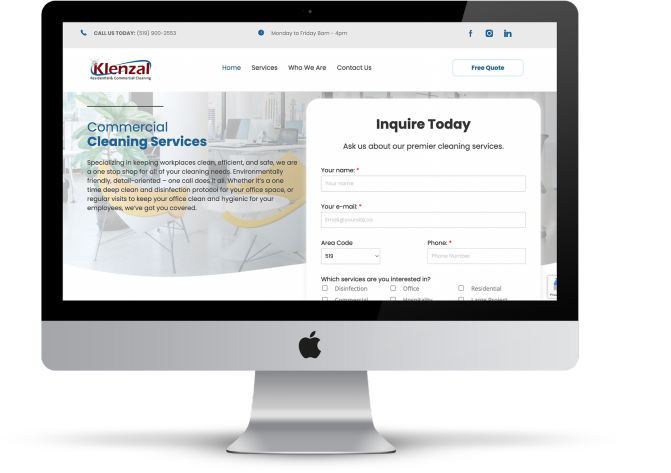 Computer mock up of klenzal cleaning's website, made by Token Creative Services